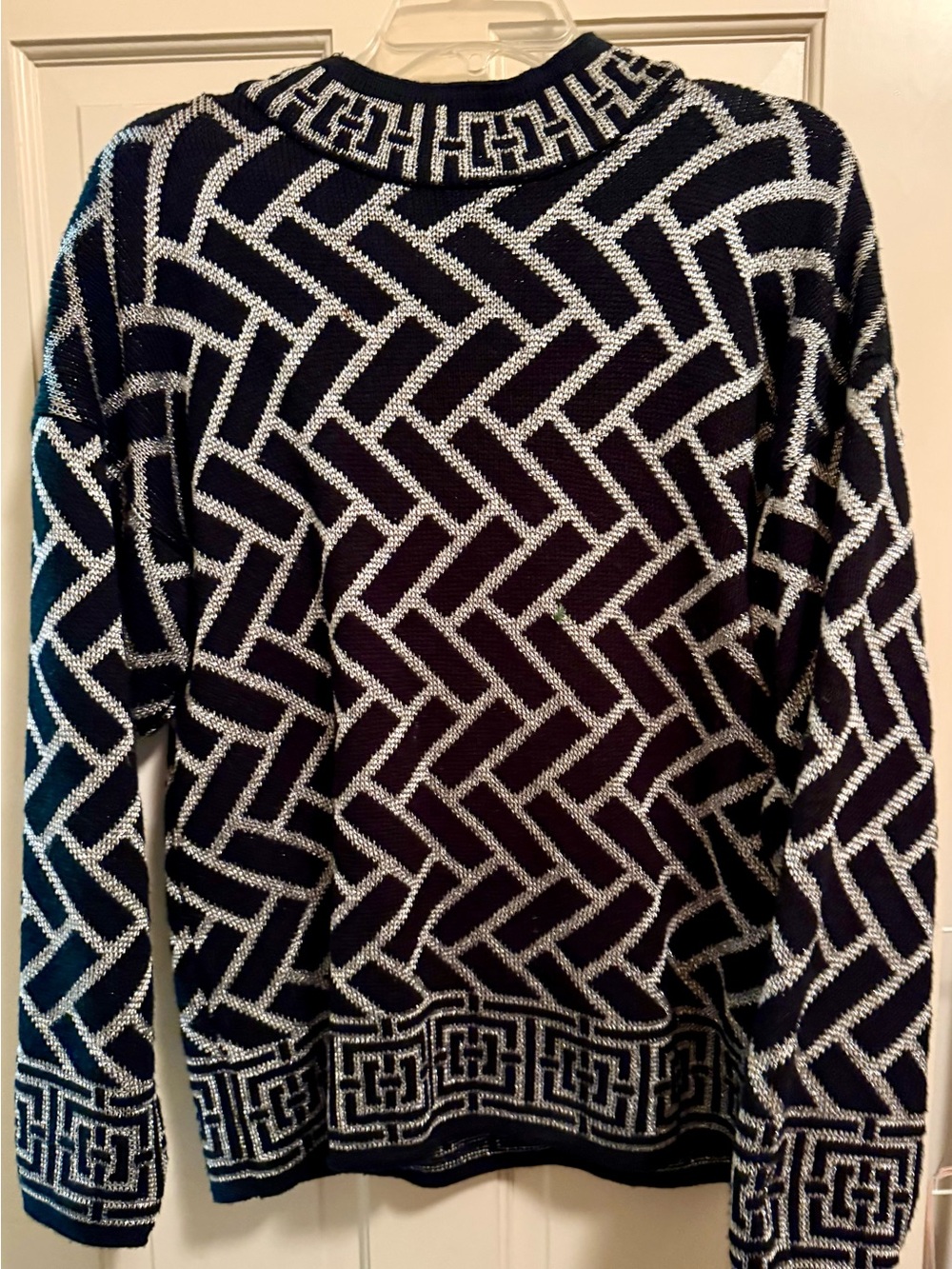 Karen Scott Black and Silver Geometric Crewneck Sweater
